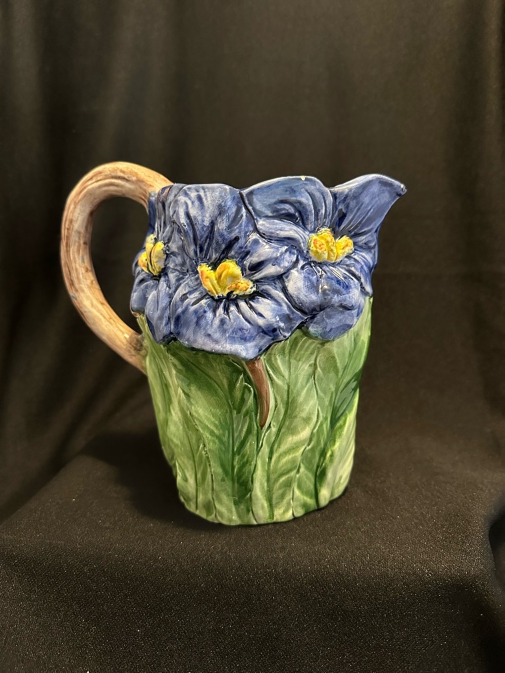 Vintage 1970s Hand-Painted Italy Majolica Ceramic Blue Iris Vase/Pitcher